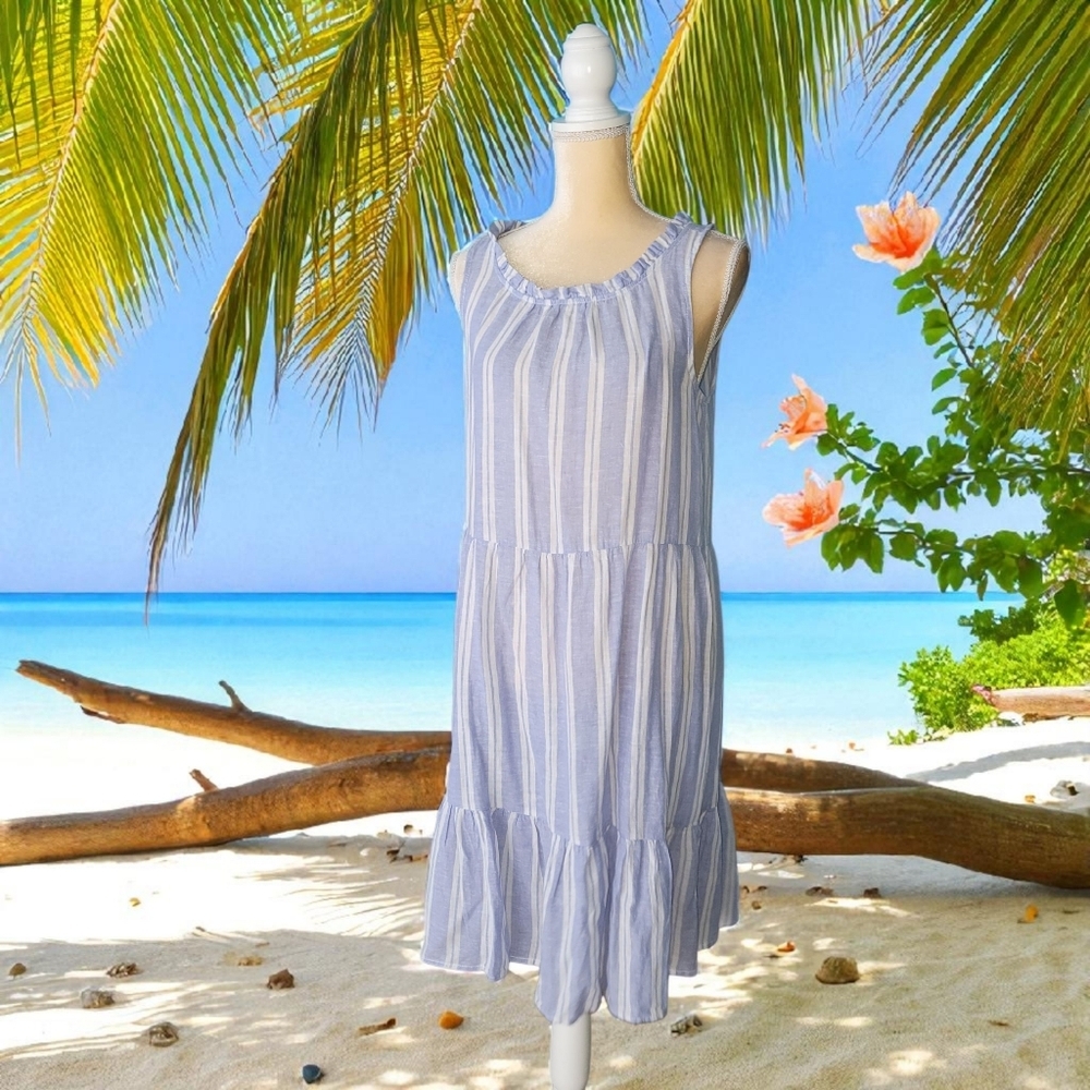Beach Lunch Lounge Striped Dress White & Blue Linen Blend Womens SP Ruffled